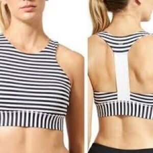Athleta High Neck T Back Sports Bra Navy White Stripe Small S women’s